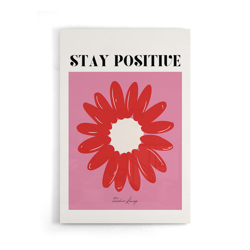 Laat je inspireren door deze vrolijke Stay Positive poster met een opvallende rode bloem op een roze achtergrond. Het speelse ontwerp en de motiverende tekst brengen kleur en positiviteit in elke ruimte. Geprint op 250 grams premium satin papier voor een luxe uitstraling en heldere details – perfect als eyecatcher in je woonkamer, kantoor of slaapkamer.