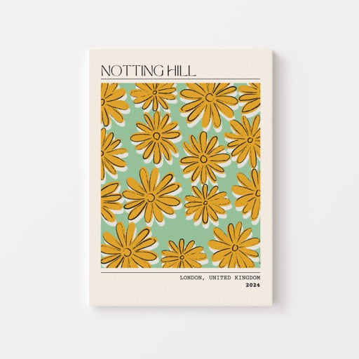 Laat je inspireren door de levendige sfeer van Londen met deze Notting Hill poster uit 2024. Het speelse patroon van grote gele bloemen op een frisse mintgroene achtergrond geeft je interieur een vrolijke en trendy uitstraling. Geprint op 250 grams premium satin papier voor een luxe look en heldere kleuren – perfect voor liefhebbers van kleurrijke en grafische wanddecoratie.
