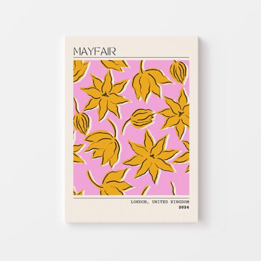 Geef je muur een trendy en kleurrijke upgrade met deze Mayfair London poster uit 2024. Het opvallende patroon van gele bloemen op een levendige roze achtergrond brengt een vrolijke, moderne sfeer in elke ruimte. Geprint op 250 grams premium satin papier voor een luxe uitstraling en haarscherpe details – perfect voor liefhebbers van grafische en eigentijdse wanddecoratie.