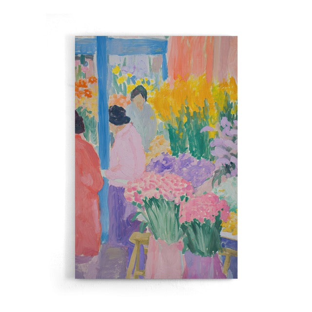 Breng een vleugje impressionistische charme in huis met deze kleurrijke poster van een levendige bloemenmarkt. De zachte penseelstreken in roze, geel, groen en paars tonen een sfeervol tafereel van bloemen en bezoekers en geven je interieur een artistieke, vrolijke uitstraling. Geprint op 250 grams premium satin papier voor een luxe afwerking en heldere details – perfect voor liefhebbers van kunst en bloemrijke wanddecoratie.