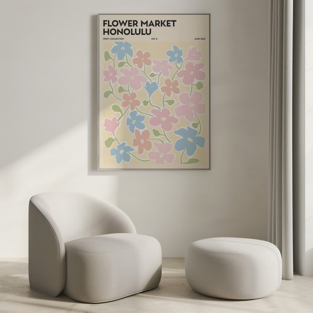 Breng een vleugje zomerse sfeer in huis met deze kleurrijke Flower Market Honolulu poster. Het speelse ontwerp met abstracte bloemen in zachte pastelkleuren en retro typografie geeft je interieur een frisse en trendy uitstraling. Geprint op 250 grams premium satin papier voor een luxe afwerking en heldere details – perfect voor liefhebbers van botanische en grafische wanddecoratie.