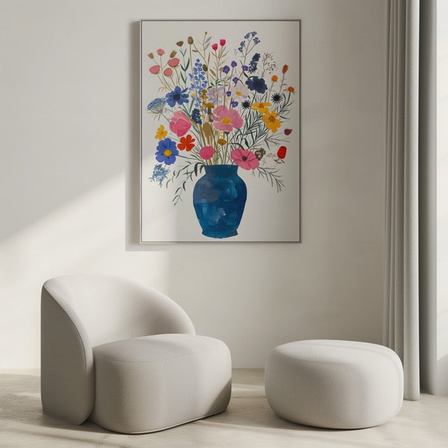 Breng kleur en vrolijkheid in huis met deze poster van een bont boeket wilde bloemen in een diepe blauwe vaas. De heldere roze, gele, paarse en blauwe bloemen zorgen voor een speels en artistiek accent dat elke ruimte opfleurt. Geprint op 250 grams premium satin papier voor een luxe uitstraling en haarscherpe details – perfect voor liefhebbers van botanische en kleurrijke wanddecoratie.
