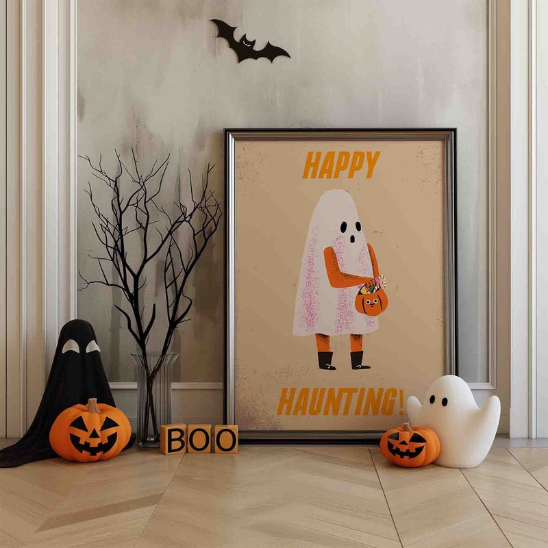 De Halloween Happy Haunting Poster van Walljar brengt een vleugje humor in het spooky seizoen.