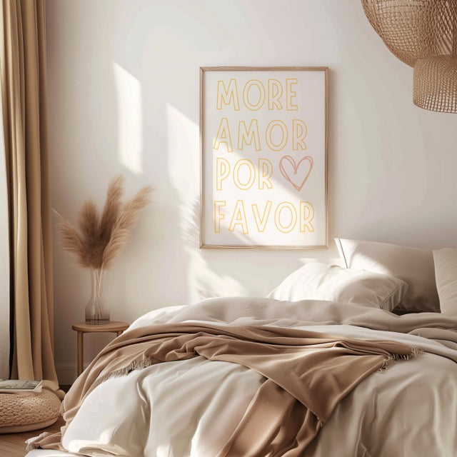 Breng een positieve vibe in je interieur met de “More Amor Por Favor” Poster. Deze moderne typografieposter met een zachte pastel look en een speels hartje is perfect om liefde en optimisme in huis, kantoor of studio te brengen. De Spaanse tekst betekent “Meer liefde, alsjeblieft” en geeft een warme, internationale touch aan elke ruimte.