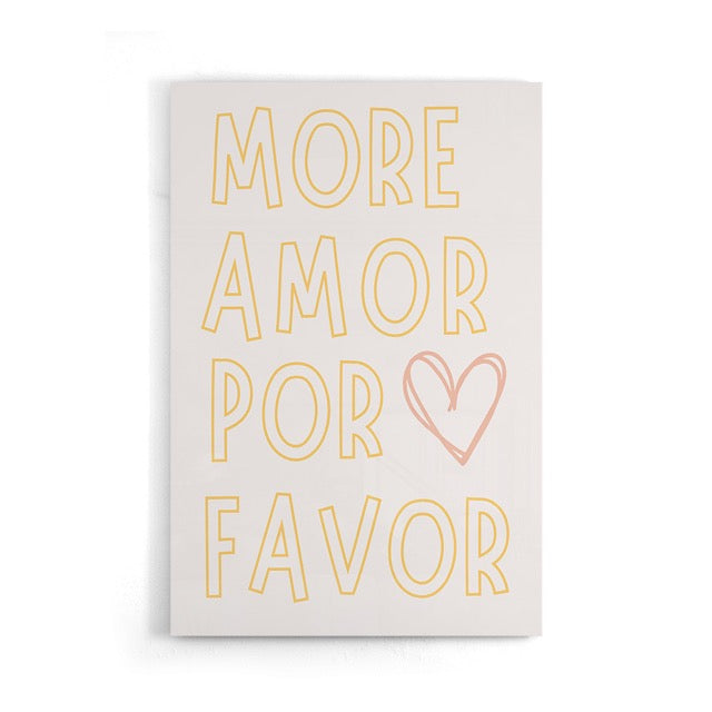 Breng een positieve vibe in je interieur met de “More Amor Por Favor” Poster. Deze moderne typografieposter met een zachte pastel look en een speels hartje is perfect om liefde en optimisme in huis, kantoor of studio te brengen. De Spaanse tekst betekent “Meer liefde, alsjeblieft” en geeft een warme, internationale touch aan elke ruimte.