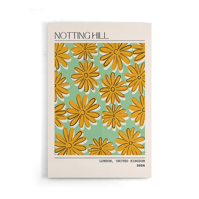 Laat je inspireren door de levendige sfeer van Londen met deze Notting Hill poster uit 2024. Het speelse patroon van grote gele bloemen op een frisse mintgroene achtergrond geeft je interieur een vrolijke en trendy uitstraling. Geprint op 250 grams premium satin papier voor een luxe look en heldere kleuren – perfect voor liefhebbers van kleurrijke en grafische wanddecoratie.