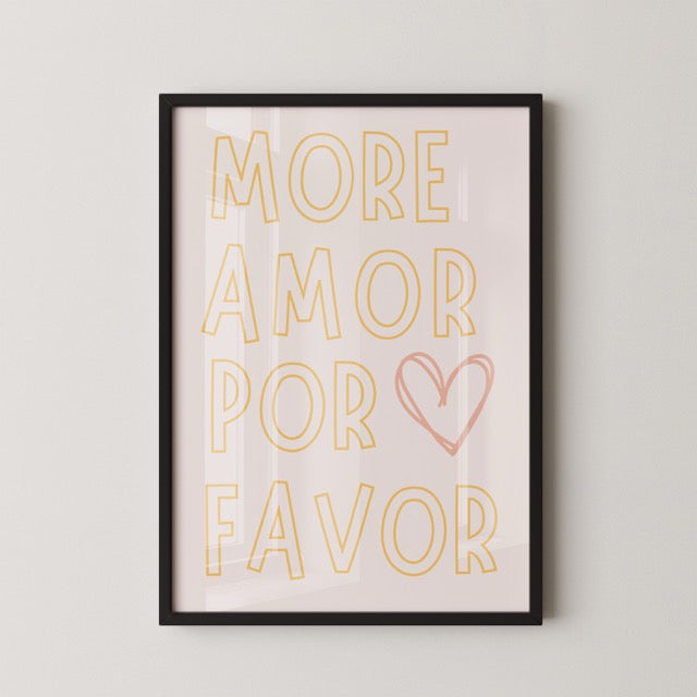 Breng een positieve vibe in je interieur met de “More Amor Por Favor” Poster. Deze moderne typografieposter met een zachte pastel look en een speels hartje is perfect om liefde en optimisme in huis, kantoor of studio te brengen. De Spaanse tekst betekent “Meer liefde, alsjeblieft” en geeft een warme, internationale touch aan elke ruimte.