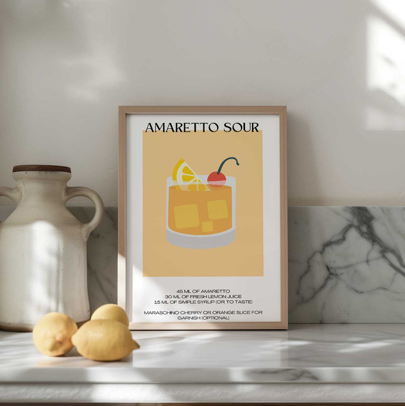 Amaretto Sour cocktail poster met recept erbij met de kleuren geel, oranje en rood.
