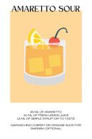 Amaretto Sour cocktail poster met recept erbij met de kleuren geel, oranje en rood.