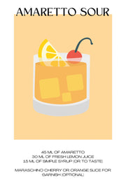 Amaretto Sour cocktail poster met recept erbij met de kleuren geel, oranje en rood.