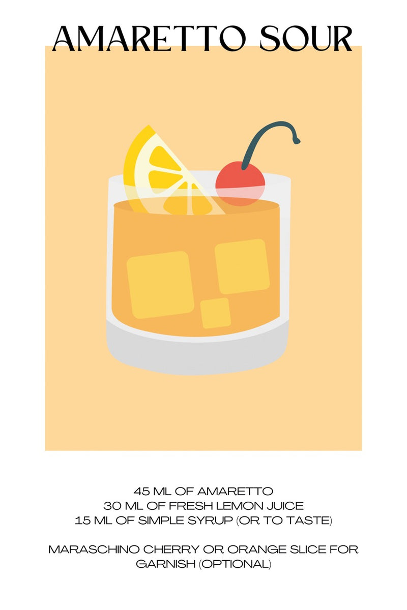Amaretto Sour cocktail poster met recept erbij met de kleuren geel, oranje en rood.