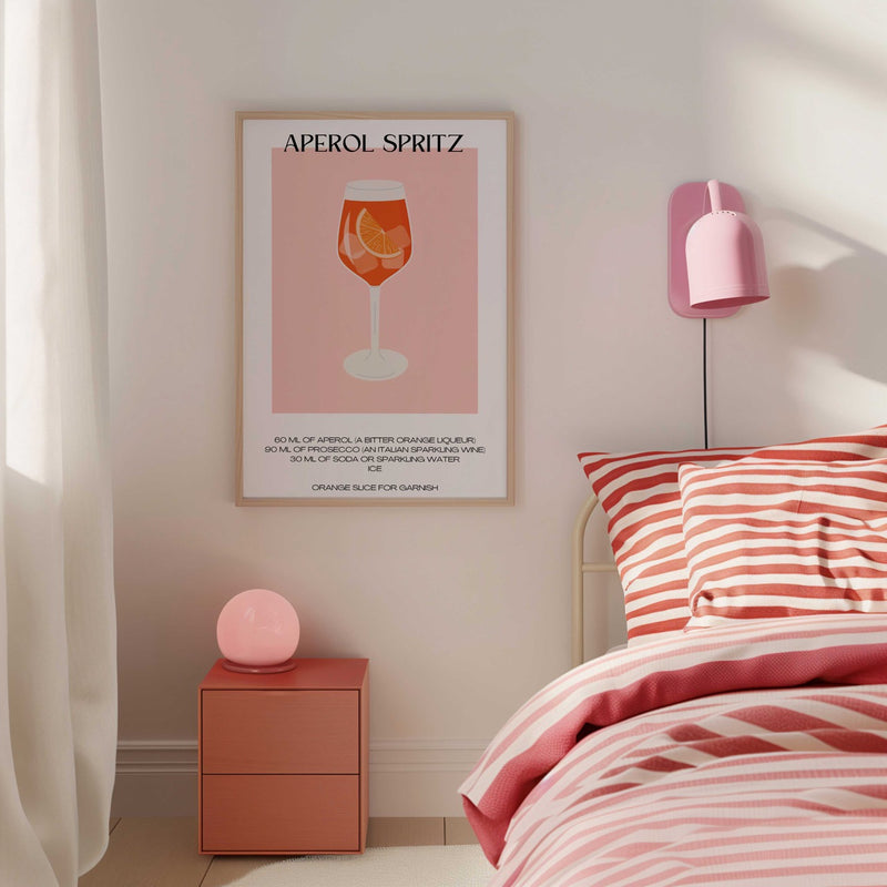  De Aperol Spritz cocktail poster met recept erbij met de kleuren roze en oranje. &nbsp;Leuke zomerposter met vrolijke kleuren. 