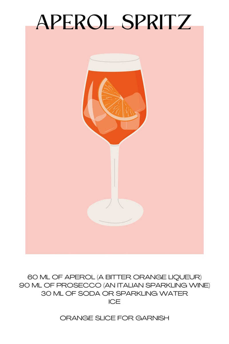  De Aperol Spritz cocktail poster met recept erbij met de kleuren roze en oranje. &nbsp;Leuke zomerposter met vrolijke kleuren. 