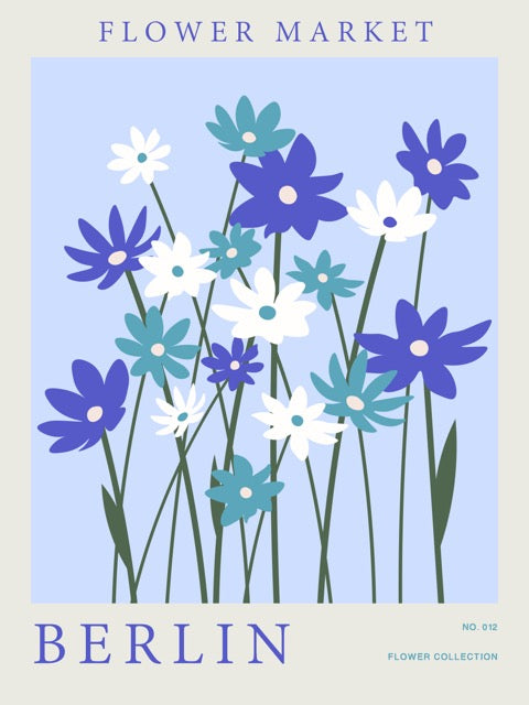 Breng een vleugje Europese flair in huis met de Berlin Flower Market Poster. Dit minimalistische ontwerp met blauwe en witte bloemen straalt frisheid en elegantie uit, perfect voor een Scandinavisch of modern interieur. Een tijdloze print die een rustige en stijlvolle sfeer toevoegt aan je woonkamer, slaapkamer of kantoor.