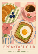 Breakfast Club retro poster met koffie, croissant, avocado toast, gebakken ei en bloemen in roze en groene kleuren.