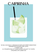 De Caipirinha cocktail poster met recept erbij met de kleuren blauw en groen. Leuke zomerposter met vrolijke kleuren. Leuk voor in de keuken of slaapkamer.