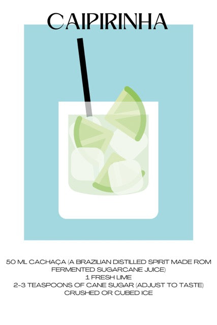 De Caipirinha cocktail poster met recept erbij met de kleuren blauw en groen. Leuke zomerposter met vrolijke kleuren. Leuk voor in de keuken of slaapkamer.