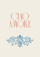 Ciao Amore – Blauw Ornament – Rode Ciao Amore letters boven een sierlijk blauw ornament op een lichte achtergrond.