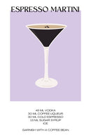De Espresso Martini cocktail poster met recept erbij met de kleuren paars en bruin. Leuke zomerposter met vrolijke kleuren Keuken poster
