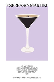 De Espresso Martini cocktail poster met recept erbij met de kleuren paars en bruin. Leuke zomerposter met vrolijke kleuren Keuken poster