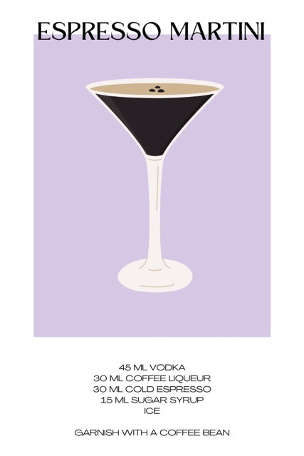 De Espresso Martini cocktail poster met recept erbij met de kleuren paars en bruin. Leuke zomerposter met vrolijke kleuren Keuken poster