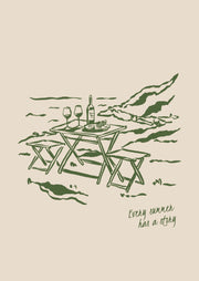 Every Summer Has a Story – Picknick aan Zee – Groene lijntekeningen van een picknicktafel met wijn aan zee op een beige achtergrond.