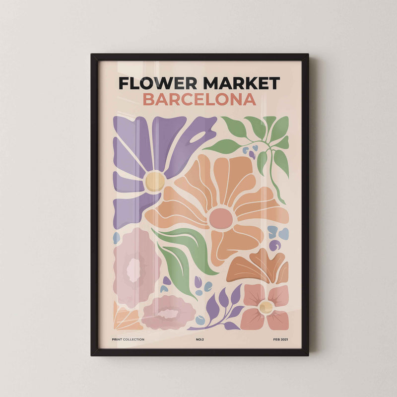Breng een vleugje zomerse sfeer in huis met deze kleurrijke Flower Market Barcelona poster. Het speelse ontwerp met abstracte bloemen in zachte pastelkleuren en retro typografie geeft je interieur een frisse en trendy uitstraling. Geprint op 250 grams premium satin papier voor een luxe afwerking en heldere details – perfect voor liefhebbers van botanische en grafische wanddecoratie.
