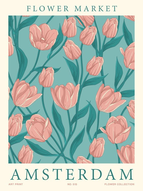 Breng een vleugje Hollandse charme in je interieur met de Flower Market – Amsterdam Poster. Deze art print toont een prachtig patroon van zachtroze tulpen tegen een turquoise achtergrond – een ode aan de iconische bloemenmarkten van Amsterdam. Perfect om sfeer en kleur toe te voegen aan je woonkamer, keuken of werkruimte.
