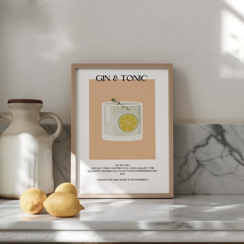 De Gin Tonic cocktail poster met recept erbij met de kleuren oranje en geel. Leuke zomerposter met vrolijke kleuren.