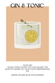 De Gin Tonic cocktail poster met recept erbij met de kleuren oranje en geel. Leuke zomerposter met vrolijke kleuren.