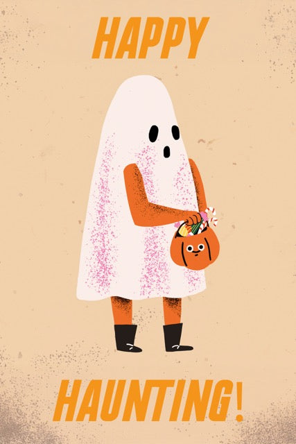 De Halloween Happy Haunting Poster van Walljar brengt een vleugje humor in het spooky seizoen.