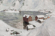 Dorf neben zugefrorenem See