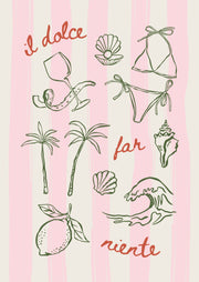 Il Dolce Far Niente – Roze Strepen en Zomerillustraties – Groene lijntekeningen van schelpen, een cocktail, palmbomen en een citroen op roze strepen met rode Il dolce far niente letters.
