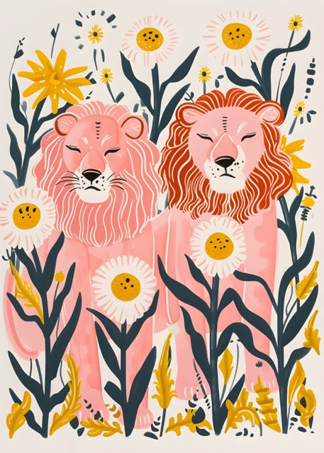 Breng een speelse en vrolijke sfeer in huis met deze kleurrijke poster van twee roze leeuwen tussen veldbloemen en madeliefjes. Het unieke, illustratieve ontwerp combineert krachtige dieren met zachte kleuren en past perfect in een modern, creatief interieur. Geprint op 250 grams premium satin papier voor een luxe uitstraling en heldere details – ideaal als eyecatcher voor elke muur.
