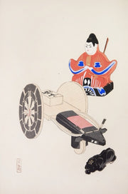  Japanse vintage poster van Kawasaki Kyosen toont een traditioneel Japans speelgoedtafereel, afgebeeld in een verfijnde en minimalistische stijl. 