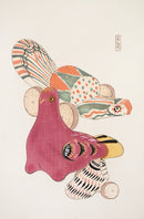 Japanse vintage poster van kunstenaar Kawasaki Kyosen toont traditioneel Japans houten speelgoed, uitgevoerd in opvallende vormen en rijke patronen. Poster voor japandi interieur met fotolijst. 