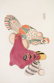 Japanse vintage poster van kunstenaar Kawasaki Kyosen toont traditioneel Japans houten speelgoed, uitgevoerd in opvallende vormen en rijke patronen. Poster voor japandi interieur met fotolijst. 