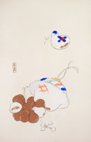 Deze Japanse vintage poster van Kawasaki Kyōsen toont traditioneel Japans speelgoed in een minimalistische en verfijnde compositie. De zachte lijnen, subtiele kleuren en ruime witvlakken geven het werk een rustige, bijna poëtische uitstraling. Een tijdloos kunstwerk dat perfect past binnen een Japandi, zen of minimalistisch interieur.