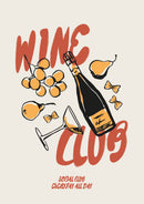Wine Club – Wijnfles en Gele Vruchten – Een zwarte wijnfles en glas met gele vruchten en rode Wine Club letters op crème.