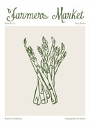 Farmers Market Paris – Groene Asperges – Groene asperges onder Farmers Market letters, met Paris France en kleine galerijteksten op crème.