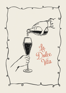 La Dolce Vita – Wijn Schenken – Zwart lijnwerk van twee handen die wijn schenken in een glas, met rode La Dolce Vita letters binnen een zwarte sierrand.