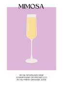 De Mimosa cocktail poster met recept erbij met de kleuren paars en geel. Perfect voor in de keuken als wanddecoratie. Ook als canvas en glasschilderij te bestellen.
