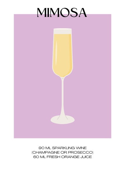 De Mimosa cocktail poster met recept erbij met de kleuren paars en geel. Perfect voor in de keuken als wanddecoratie. Ook als canvas en glasschilderij te bestellen.