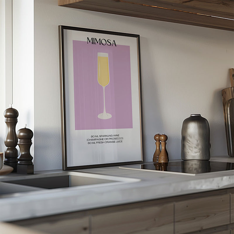 De Mimosa cocktail poster met recept erbij met de kleuren paars en geel. Perfect voor in de keuken als wanddecoratie. Ook als canvas en glasschilderij te bestellen.