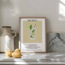 De Mojito cocktail poster met recept erbij met de kleuren groen en geel.Perfect voor in de keuken of als cadeau.