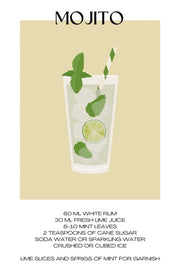 De Mojito cocktail poster met recept erbij met de kleuren groen en geel.Perfect voor in de keuken of als cadeau.