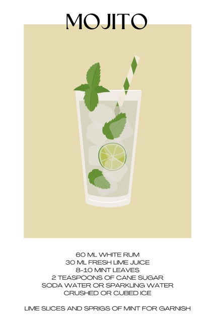 De Mojito cocktail poster met recept erbij met de kleuren groen en geel.Perfect voor in de keuken of als cadeau.