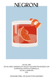  De klassieke negroni cocktail poster met recept erbij met de kleuren rood en blauw. Leuke poster met vrolijke kleuren. Leuk voor in de keuken of slaapkamer. 