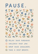 Pause poster met kleurrijke handgetekende bloemen en Take a Deep Breath quote op beige achtergrond