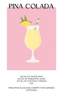 De Pina Colada cocktail poster met recept erbij met de kleuren roze en geel. Leuke zomerposter met vrolijke kleuren. Leuk voor in de keuken of slaapkamer.
